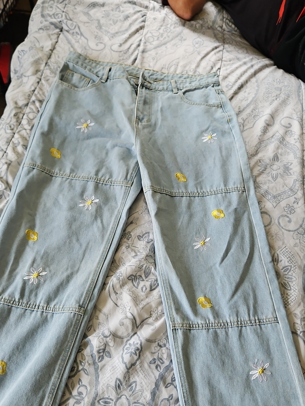 Light Blue Embroidered Wide-Leg Denim Pants - Yellow Floral Detail